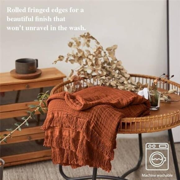 Cotton Throw Blanket Soft Lightweight Cozy Gauze Knit Woven Tassel Farmhouse Bed - Picture 4 of 8